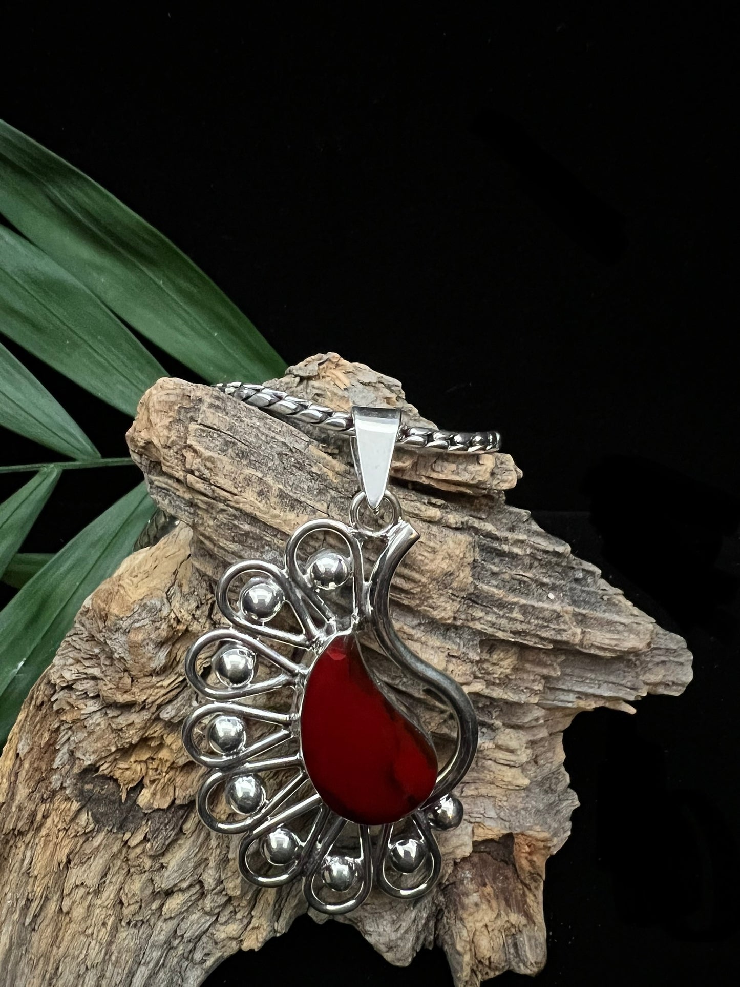 Sterling Silver Red Jasper Peacock Pendant