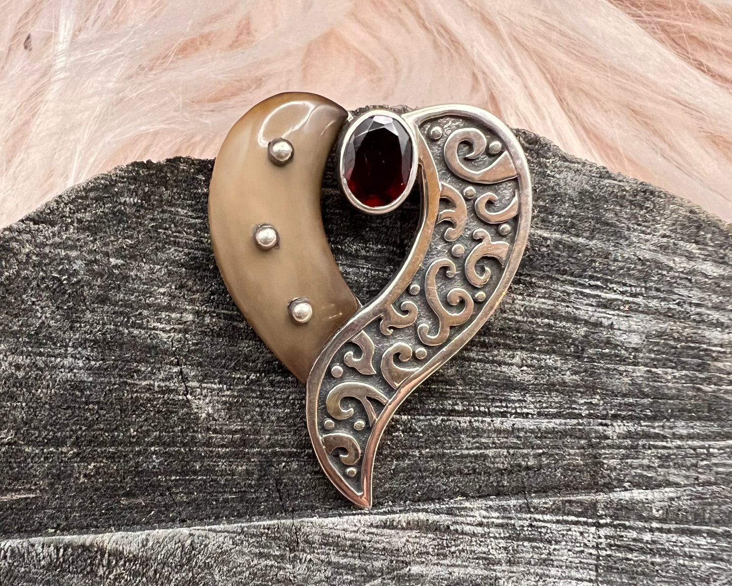 Fossilized Walrus Ivory Heart Necklace, Handmade Silver With Garnet