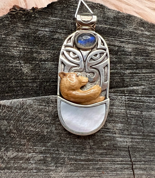 Mammoth Ivory Polar Bear Pendant with Labradorite and Mother of Pearl