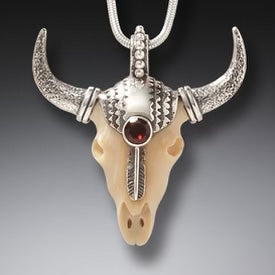 Ancient Mammoth Ivory And Garnet Silver Skull Pendant