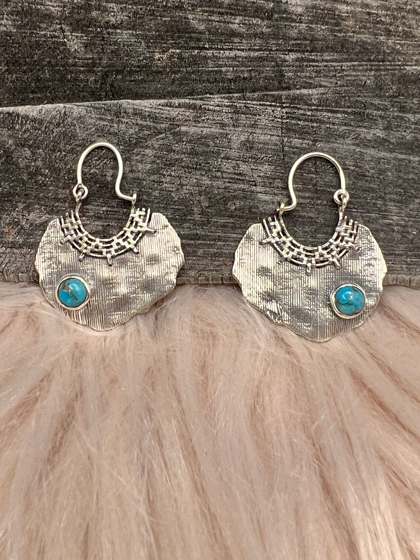 Textured  Silver and Turquoise Earrings