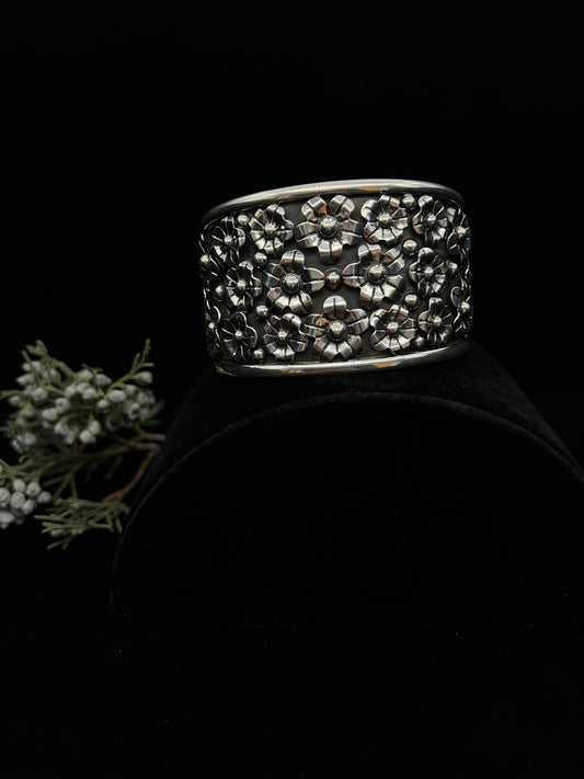 Wide Sterling Silver Floral Cuff Bracelet